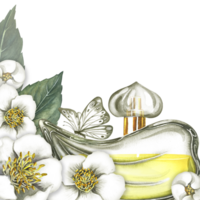 une Cadre avec une parfum bouteille fabriqué de transparent verre avec jasmin fleurs et une papillon. ancien Jaune parfum. dessiné à la main aquarelle illustration. pour emballage, cartes postales et Étiquettes, affiches. png