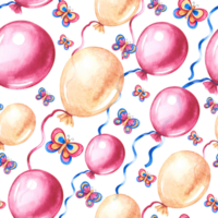 Seamless pattern with festive balloons. Yellow and pink. Handmade watercolor illustration. For packaging paper, textiles, greeting cards, labels, packages. For holiday decorations and wallpapers. png