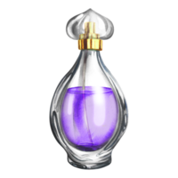 en parfym flaska tillverkad av transparent glas. årgång lila parfym. en ritad för hand vattenfärg illustration. isolera henne. för förpackning, vykort och etiketter. för banderoller, flygblad och affischer. png