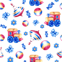 Seamless pattern with children's toys. children's trains, spinning tops and balls. Handmade watercolor illustration. For wrapping paper, textiles, children's clothing, cards, wallpaper, packaging. png