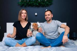 Young couple sitting on a bed in the bedroom, hugging. Near them is their dog photo