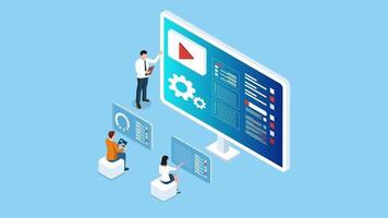 Data Analysis with business people team working with Data Visualization. 2D isometric Animation video