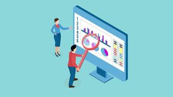 A business team using data visualization and financial investment monitoring to analyze business data. 2D isometric Animation video