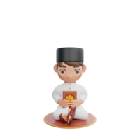 3D Illustration of Muslim character sitting while hugging the Quran png