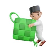 3D Illustration of Muslim character hugging a ketupat png