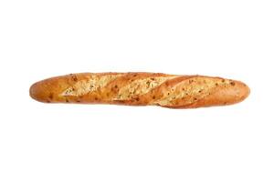 one crispy french baguettes isolated on white background  with free space for text photo