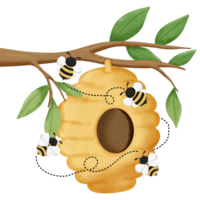 Yellow honey hive with cute bees hanging on a tree branch. png
