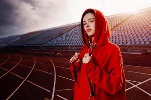 Beautiful lady runner in warm clothes on the stadium looking aside. Wearing red hood. photo