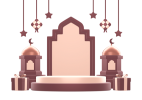 3d rendering of islamic celebration festival or holiday podium display background with gifts and arabic decoration png