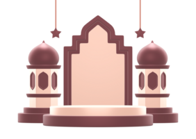 3d rendering of islamic celebration festival or holiday podium display background with two arabic lanterns and stars decoration png