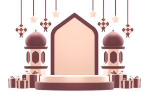 3d rendering of islamic celebration festival or holiday podium display background with gifts and arabic decoration ornament png