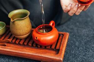 Traditional tea ceremony close up with woman hand photo