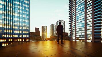 Rear View Businessman Standing on Rooftop of a Skyscraper in Downtown or City Center at Sunset 3D Animation Rendering. video