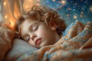 ai generado niño pequeño chico duerme a el ventana soñando y admirativo el estrellado cielo foto
