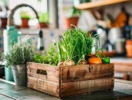 AI generated Wooden crate with green onions chives and other spring vegetables on table in kitchen photo
