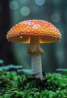 ai generado amanita muscaria es venenoso seta con rojo sombrero en el bosque foto