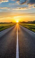 AI generated Asphalt road and green field at the sunset photo