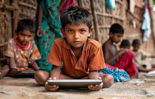 AI generated Young boy sits on the floor with tablet in his hands. photo