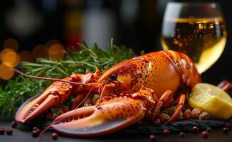 AI generated Lobster and glass of white wine photo