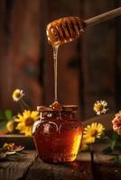 AI generated Honey dripping from wooden honey dipper in jar on wooden rustic background photo