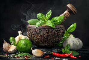 AI generated Mortar and pestle. Fresh herbs and spices on black stone table photo