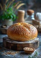 AI generated Freshly baked round bread with sesame seeds on wooden board photo