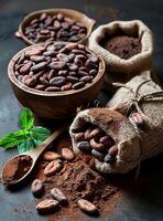 AI generated Cocoa beans and cocoa powder in bowl on dark background photo