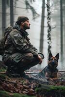 ai generado soldado y su perro en el bosque foto