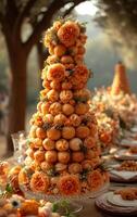 ai generado hermosa Boda pastel es decorado con Fresco flores y piñas foto