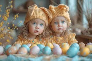 ai generado dos pequeño muchachas en amarillo de punto sombreros son sentado entre el Pascua de Resurrección huevos foto