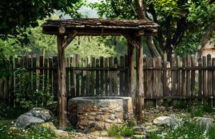 AI generated Ancient well in the village. A wooden fence around the well photo