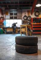 AI generated Tires are on the floor in the background of the workshop photo