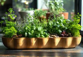 ai generado de madera cuenco es lleno con hierbas y otro plantas en mesa. foto