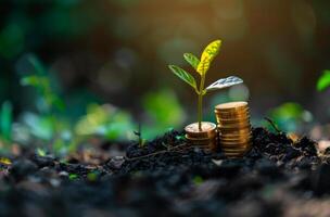 ai generado apilado oro monedas y pequeño árbol creciente en el parte superior con natural verde antecedentes foto