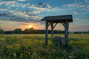 AI generated Wooden well in field at sunset photo