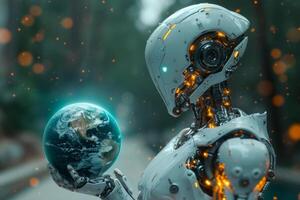 AI generated Cyborg robot holding Earth in one hand and binary code. photo