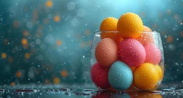 AI generated Colorful easter eggs in glass jar. A bunch of colored eggs in glasses photo