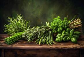 AI generated Different fresh green herbs on wooden table photo