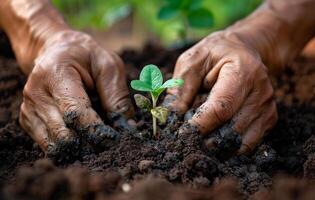 AI generated Farmer's hands planting the seedlings into the soil photo