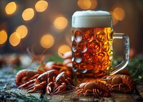 AI generated Glass of cold light beer with shrimp and crayfish on the wooden table photo