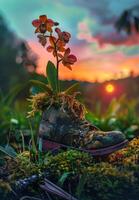 ai generado antiguo zapato y planta creciente fuera de eso en el bosque foto