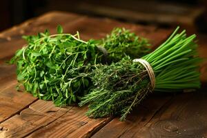 AI generated Fresh green herbs on wooden table photo