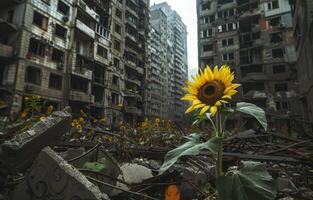 ai generado girasol crece en el medio de el destruido ciudad foto