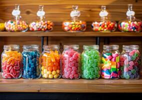 AI generated Colorful candies in the glass jars and sweet shop on the wooden background photo