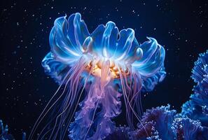 AI generated Jellyfish in the sea. Colorful jellyfish in the dark ocean photo