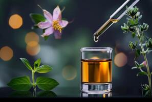 AI generated The concept of alternative medicine herbal medicine cosmetics medicines. Drops falling into glass with pipette photo