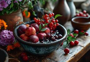 AI generated Autumn harvest. Red apples plums cherries raspberries blueberries flowers and wild grapes photo