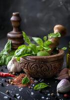 AI generated Fresh herbs and spices on dark background photo