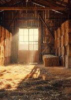AI generated Straw bales in barn with sunlight shining through the open door photo