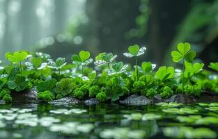 AI generated Green plants and water in the forest photo